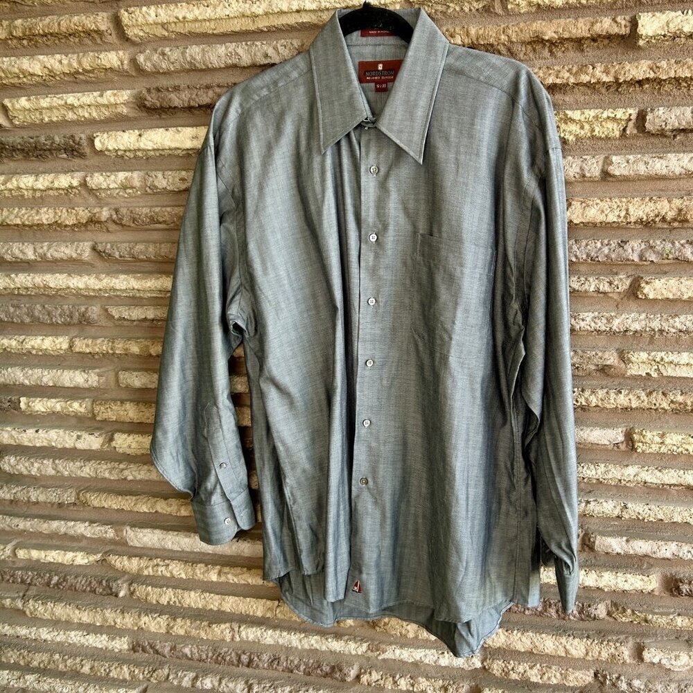 Nordstrom Vintage 80s Relaxed Classic Gray Herringbone Dress Shirt 16.5 /33 - Picture 6 of 8